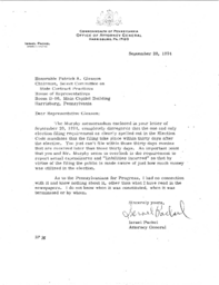 Shapp, Milton J. (Governor), Letter from Patrick Gleason to Israel Packel