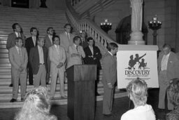 Press Conference on Discover the Columbus Legacy, Ex Dir Museum Commission, Lieutenant Governor, Main Rotunda, Members, Senate Members, Students