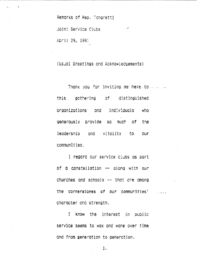 Speech, April 29, 1991, Remarks of Rep. Tangretti, Joint Service Clubs.