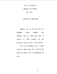 Speech, Memorial Day Remarks, Rep. Tom Tangretti, May 25, 1992