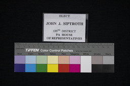 Nametag for Rep. John J. Siptroth's campaign