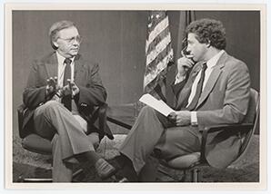 Rep. Kenneth E. Brandt and James C. Greenwood in a studio with Rep. Greenwood conducting the interview.