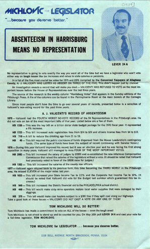Campaign flyer, "Absenteeism in Harrisburg means nrepresentation."