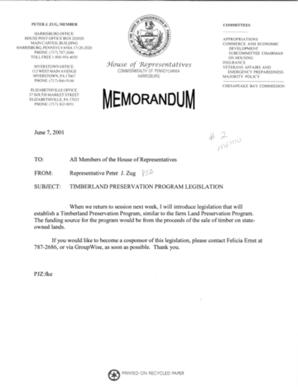Memo, June 7, 2001, from Rep. Peter Zug to all House Members, he plans to introduce legislation establishing a Timberland Preservation Program, similar Land Preservation Program.