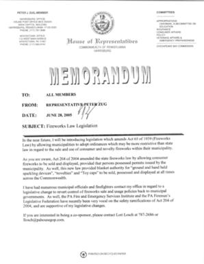 Memo, June 28, 2005, from Rep. Peter Zug to all House Members, allow municipalities to adopt ordinances which may be more restrictive than state law in regard to the sale of fireworks within their municipality.Letter, July 11, 2005, from Robert A. Anspach, Mayor of the City of Lebanon. Asking for legislation that will restore authority regarding pyrotechnics to municipalities.Letter, October 14, 2005, from Thomas L. Savage, Executive Director Pennsylvania Fire and Emergency Services Institute.