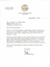 Letter to Robert and Lorraine Helm regarding the swearing in ceremony for Stuart Helm as Speaker of the House.