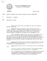 Memo, May 22, 1975 from Attorney Jacob Myers, Counsel, to Rep. C.L. Schmitt. Subject: Analysis of HB 162 - unit pricing of consumer commodities.