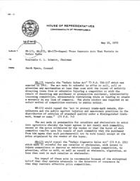 Memo, May 22, 1975 from Jacob Myers, Counsel, to Rep. C.L. Schmitt. Subject: HB-171, HB-173 -- Repeal three separate acts taht pertain to unfair sales.