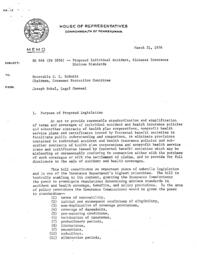 Memo, March 31, 1976 from Joseph Sobel, Legal Counsel, to Rep. C.L. Schmitt. Subject: HB 646 (PN 2856) - Proposed individual accident, sickness insurance minimum standards.