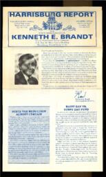 Newsletter, 1985, "Harrisburg Report from State Representative Kenneth E. Brandt." Topics include state Rainy Day Funds, Seat Belts vs. Air Bags, Road Improvement Projects, Gambling, and Cleaning Up Highway Litter.