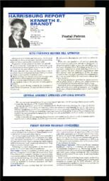 Newsletter, 1990, "Harrisburg Report from State Representative Kenneth E. Brandt." Topics include Auto Insurance Reform, Anti-Drug Efforts, Prison Reform, Farmland Preservation, Animal Health Research, Product Liability Reform, and Education Budget.
