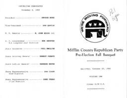 Program for the Mifflin County Republican Party Re-Election Fall Banquet. At Holiday Inn. Rep. Kenneth E. Brandt was the Main Speaker and honored with recognition