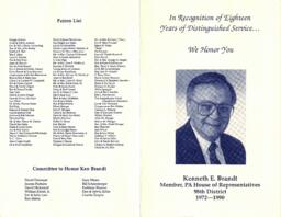 Program, "In recognition of eighteen years of distinguished service...We honor you." Kenneth E. Brandt, Member, PA House of Representatives, 98th District, 1972-1990.