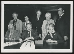 Bill signing with Governor Shapp, Rep. Edward Burns directly behind, and Rep. Elinor Z. Taylor