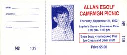 Allan Egolf Campaign Picnic ticket. On the reverse is a note concerning an attorney in child abuse.