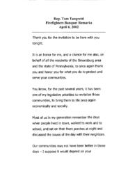 Speech, Firefighters Banquet, April 6, 2002