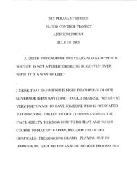 Speech, Mount Pleasant Flood Control Project, July 19, 2003