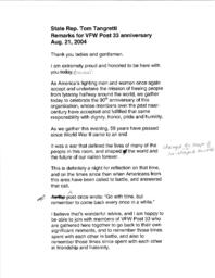 Speech, Veterans of Foreign Wars Post 33 Anniversary, August 21, 2004