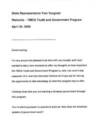 Speech, YMCA Youth and Government Program, April 23, 2005